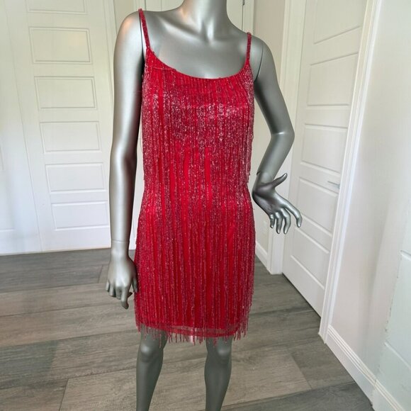 Mac Duggal Red Prom Spaghetti Strap Fringe Beaded Mini Dress Size 2 NEW - Picture 9 of 9